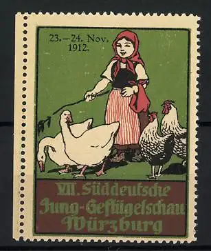 Reklamemarke Würzburg, VII. Süddeutsche Jung-Geflügelschau 1912, Mädchen mit Geflügel