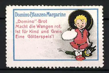 Reklamemarke Domino-Pflanzen-Margarine, Kind mit Teller und Hannes