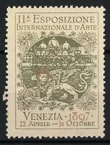 Reklamemarke Venedig, II. Esposizione Internazionale d`Arte 1897, Löwe und Stadtansicht