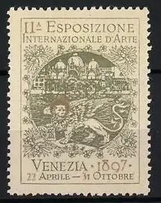 Reklamemarke Venedig, II. Esposizione Internazionale d`Arte 1897, Löwe und Stadtansicht