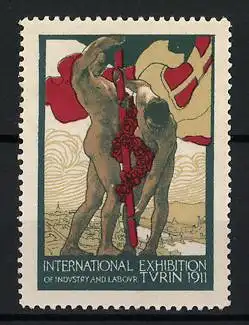 Reklamemarke Turin 1911, International Exhibition of Industry and Labour, zwei Figuren mit Stab