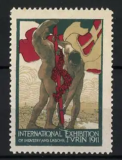 Reklamemarke Turin, International Exhibition of Industry and Labour 1911, Zwei Figuren mit Fahne