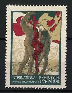 Reklamemarke Turin, International Exhibition of Industry and Labour 1911, Mann mit Fahne