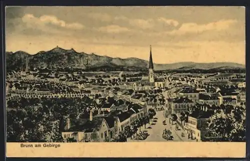 Künstler-AK Brunn am Gebirge, Teilansicht mit Kirche und Strassenpartie