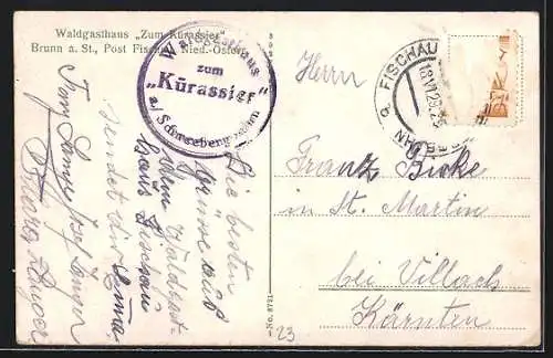 AK Fischau a. d. Schneebergbahn, Waldwirtshaus zum Kürassier, Eigentümer Georg M. Renk, Steinbruchhäusl