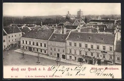 AK Bruck a. d. L., Blick vom Kirchturm auf das Rathaus mit Sparkasse