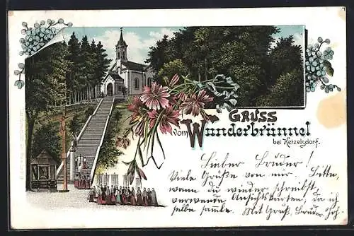 Lithographie Wunderbrünnel bei Ketzelsdorf, Kirche mit Treppe