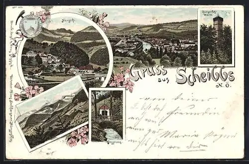 Lithographie Scheibbs, Burgerhof-Warte, Neustift, Ursprung, Panorama