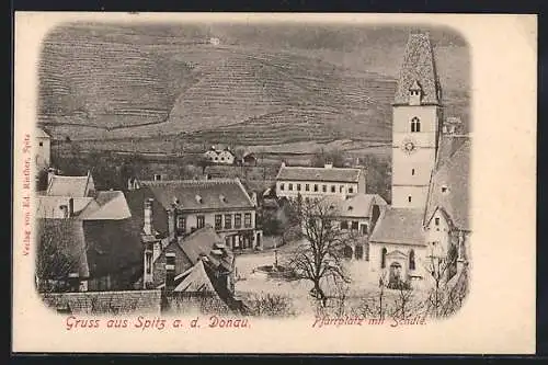 AK Spitz a. d. Donau, Pafarrplatz mit Schule