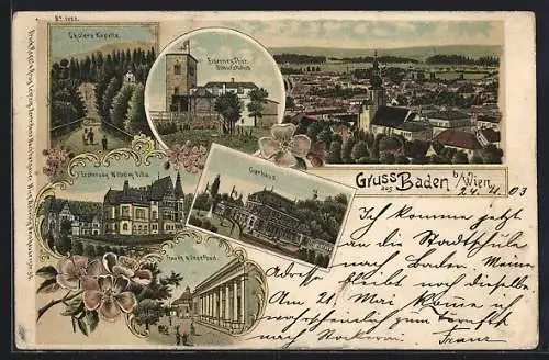 Lithographie Baden, Gesamtansicht, Eisernes Tor Schutzhaus, Kurhaus, Erzherzog Wilhelm Villa