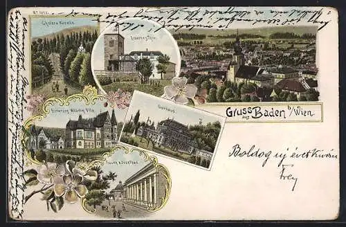 Lithographie Baden, Gesamtansicht, Eisernes Tor Schutzhaus, Kurhaus, Erzherzog Wilhelm Villa