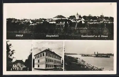 AK Zwentendorf an der Donau, Donaupartie, Schloss, Hauptschule, Ortsansicht von den Feldern aus