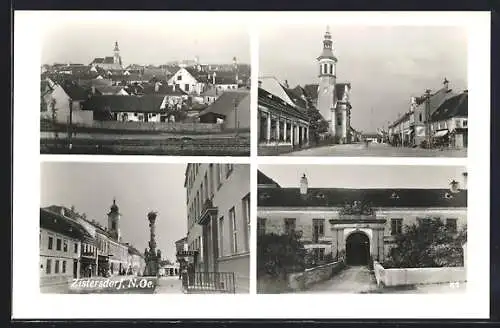 AK Zistersdorf, Strassenpartie mit Geschäften, Kirche und Blick über die Dächer