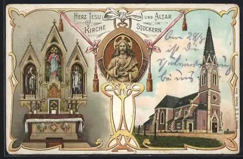 Lithographie Stockern, Herz Jesus Kirche und Altar