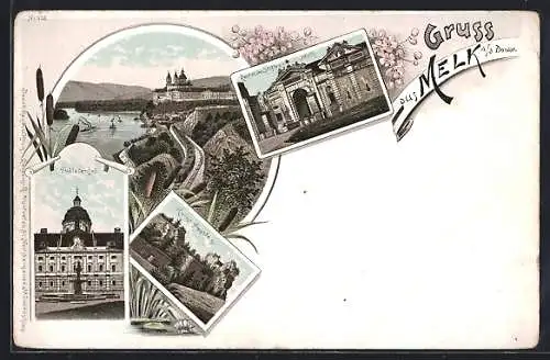 Lithographie Melk, Prälatenhof, Portal des Stifts, Ruine Aggstein, Ortsansicht mit Eisenbahnlinie