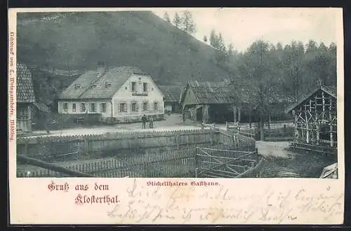 AK Klosterthal, Stickelthalers Gasthaus mit Strasse u. Umgebung