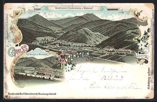 Lithographie Gutenstein, Ortsansicht mit Vorderbrücke und Bahnhof, Gasthof zur Weintraube