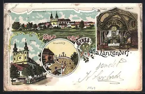 Lithographie Maria Lanzendorf, Wallfahrtskirche, Gnadenkapelle, Kalvarienberg, Ortsansicht