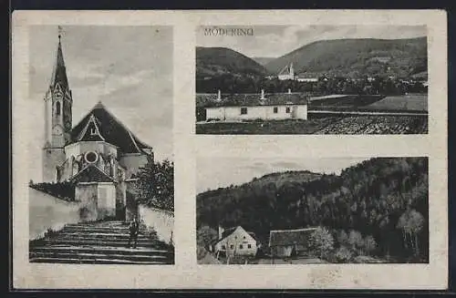 AK Mödering, Ortspartie, Ortsansicht, Kirche mit Treppenaufgang