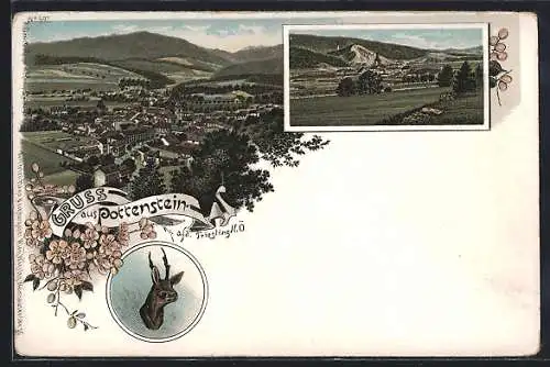 Lithographie Pottenstein, Gesamtansicht, Hirschkopf