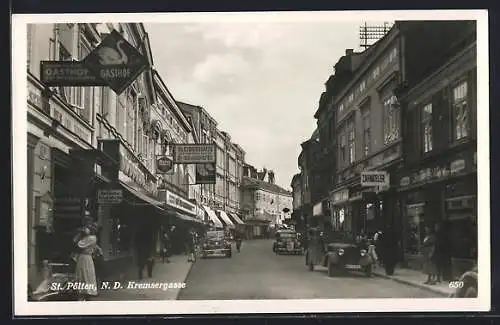 AK St. Pölten, Kremsergasse mit Gasthof Zum weissen Schwan, Zahnatelier