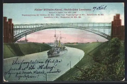 AK Levensau, Kriegsschiff unter der Hochbrücke auf dem Kaiser Wilhelm-Kanal