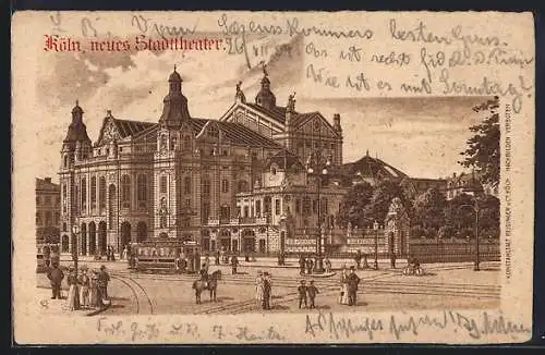 Lithographie Köln-Neustadt, Strassenbahn am neuen Stadttheater