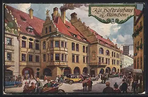 Künstler-AK Fritz Quidenus: München, Blick zum Königlichen Hofbräuhaus, belebte Strassenpartie