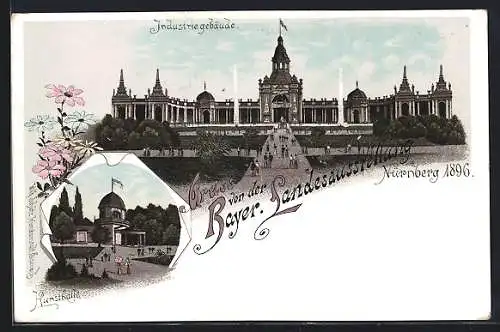 Lithographie Nürnberg, Bayer. Landesausstellung 1896, Kunsthalle und Industriegebäude