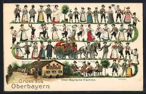 Lithographie Ober-Bayrische Volkstrachten, Tanzmusik, Schuhplattler & Hochzeit