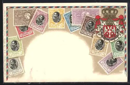 Lithographie bunte Briefmarken mit Profil, Wappen