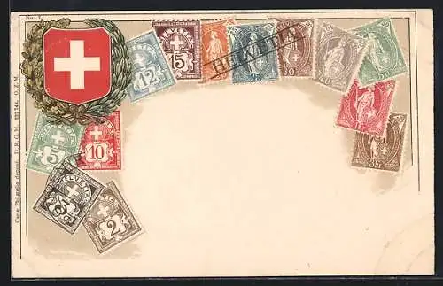 AK Schweizerische Briefmarken, Schweizer Wappen mit weissem Kreuz auf rotem Grund, Kranz