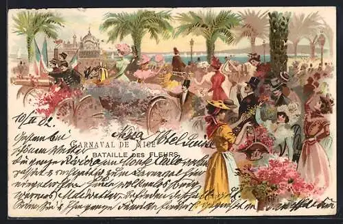 Lithographie Nice, Carnaval, Bataille des Fleurs, Blumenschlacht