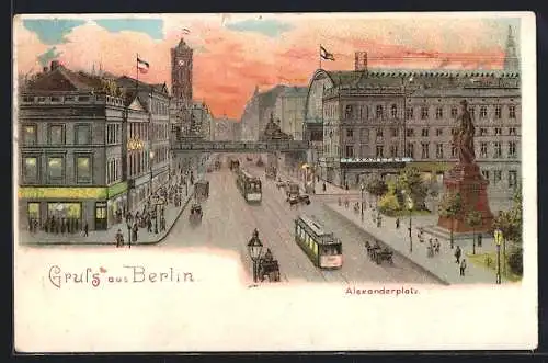 Lithographie Berlin, Alexanderplatz mit Konditorei Cafe, Strassenbahn