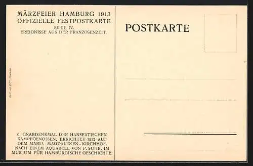 Künstler-AK Hamburg, Märzfeier 1913, Grabdenkmal der Hanseatischen Kampfgenossen errichtet 1832, Befreiungskriege