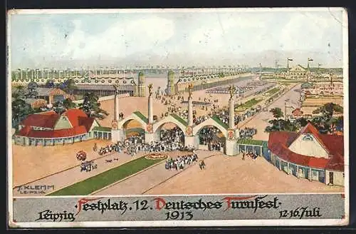 Künstler-AK Leipzig, 12. Deutsches Turnfest, 12.-16. Juli 1913, der Blick auf den Festplatz aus der Vogelschau