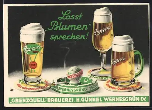 AK Wernesgrün, Grenzquell-Brauerei H. Günnel, Biergläser & Aschenbecher