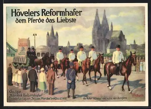 Künstler-AK Köln, Tag des Pferdes 1933, Gruppe Hövelers Reformhafer im Werbezug, Reklame