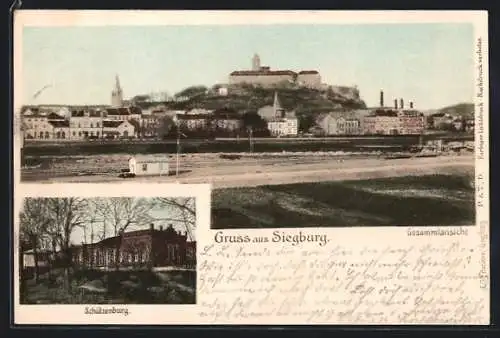 AK Siegburg, Schützenburg, Gesamtansicht über Bahngleise