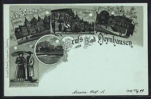Mondschein-Lithographie Bad Oeynhausen, Hotel zum Pavillon, Kurpark, Schützenhof, Paar in Bückeburger Tracht, am Siel