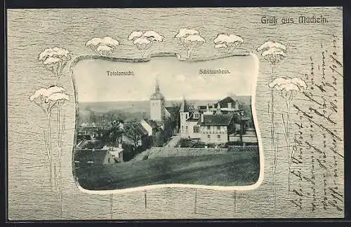 AK Mücheln / Halle, Ortsansicht mit dem Schützenhaus im Passepartout