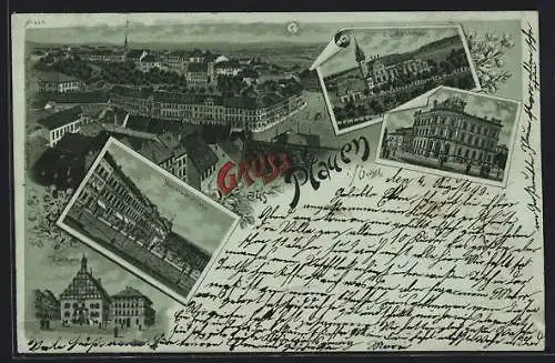 Mondschein-Lithographie Plauen / Vogtland, Postamt, Rathhaus, Neustadt-Platz, Schützenhaus