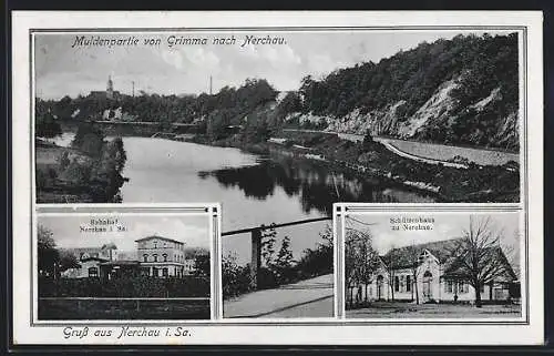 AK Nerchau, Bahnhof, Schützenhaus, Muldenpartie