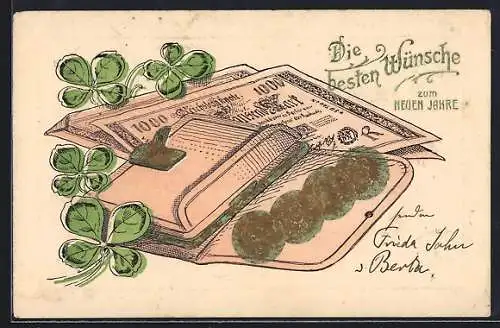 Präge-AK Portemonnaie mit Geldmünzen und Reichsbanknote, Kleeblätter und Neujahrsgruss