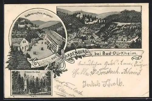 AK Hardenburg /Bad Dürkheim, Gasthaus F. Hassemir mit Strasse, Innerer Burghof, Gesamtansicht