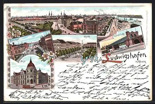 Lithographie Ludwigshafen a. Rh., Bahnhof, Markt, Post, Rheinbrücke und Panorama