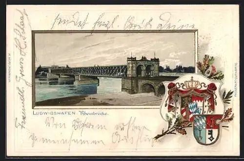 Passepartout-Lithographie Ludwigshafen / Rhein, Rheinbrücke und Wappen