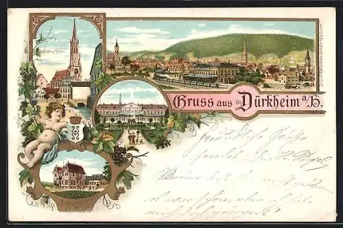 Lithographie Dürkheim a. H., Kinderheilstätte, Schloss-Kirche, Colonnade