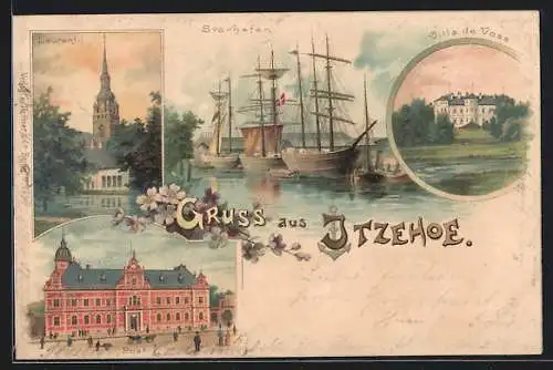 Lithographie Itzehoe, Villa de Voss, Störhafen, Laurentii