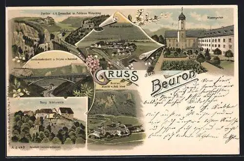 Lithographie Beuron, Klostergarten, Ortsansicht vom Bahnhof, Burg Wildenstein